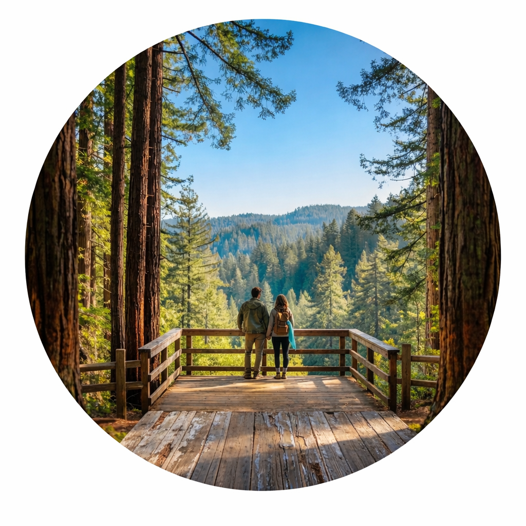 A couple looks out over a forest from a trail overlook.